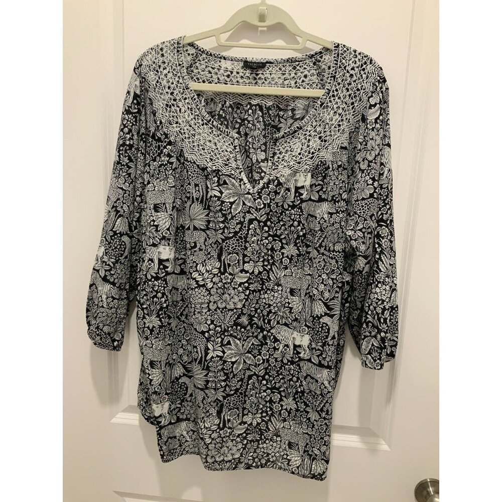 Talbots Blouse 3X Women’s Black White Light Weight V-Neck Print Embroidered Trim
